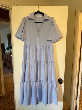 Light Blue Tiered Button-Front Shirt Dress - Unbranded